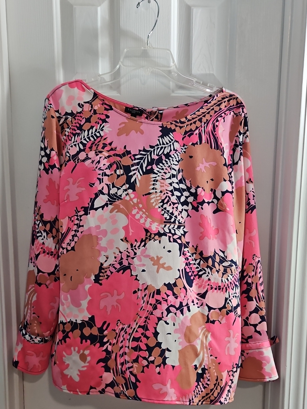 Talbots Pink Floral Boatneck Top with Cream Accents